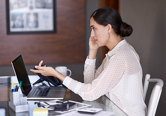 Image showing Businesswoman, phone call and office with laptop, desk and online in corporate. Technology, contact and pointing for financial advisor, internet or client communication for finance and accounting