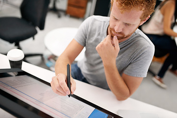 Image showing Man, touch screen or digital pen for technology, checklist or future of media project in office. Male person, designer and monitor on creative software for startup information, creativity or business