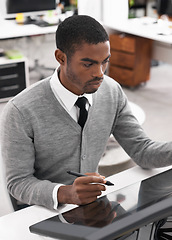 Image showing Graphic designer, computer and drawing in office professional, workplace and creativity in formal clothes. Male person, concentrate and connectivity with screen, working and sitting in table