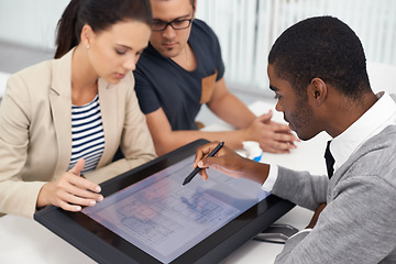 Image showing Teamwork, touch screen or digital pen for architecture, technology or building project in office. People, designers or monitor on creative floor plan for development, engineering or collaboration