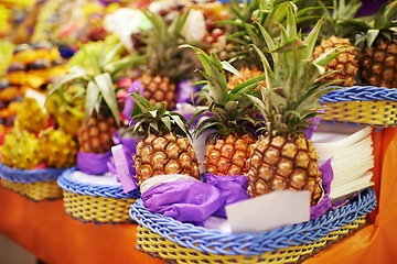 Image showing Pineapple, fruit and fresh produce at farmer market, vitamins and healthy food for groceries. Retail, sales and merchandise of sweet tropical products, fiber and vitamin c from local producer
