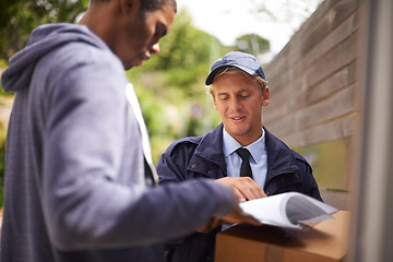 Image showing Delivery, box and postman with package, cargo and courier from online shopping. Logistics, ecommerce and signature on paperwork for product exchange, retail or distribution shipping by postal worker