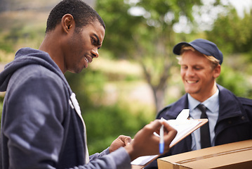 Image showing Courier, men and customer signature for a delivery, clipboard and product with industry and box. People, service and employee with client and document with shipping and post with paperwork and stock