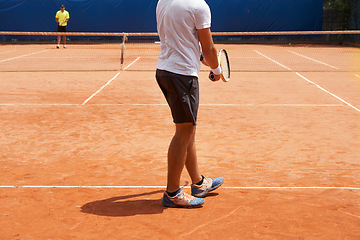 Image showing People, serve and competition on tennis court, athlete and action with ball to score. Player, intensity and grand slam for set in tournament, fitness and target of professional game for match point