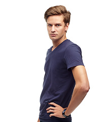 Image showing Man, serious and portrait in studio for fashion with assertive look for model, casual and outfit with hand on hip. Male person, isolated with white background for copy space with t-shirt in Australia