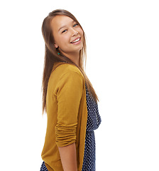 Image showing Fashion, happy and portrait of woman on a white background in trendy, stylish and casual clothes. Smile, attractive and isolated person with style for positive attitude, pride and cosmetics in studio