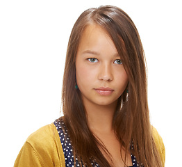 Image showing Studio, portrait and confident teenager with glow of natural beauty, youth and skin care for health by white background. French student, green eyes and long hair with fresh face and shine in closeup