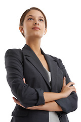 Image showing Business woman, thinking and office administrator with confidence and corporate planning in studio. Career, employee and female startup professional ready for working vision with white background
