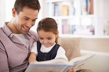 Image showing Dad, kid and reading book for storytelling, happy with bonding at home and knowledge for education. Man, young girl and story time for fantasy and learning with love and care together in lounge