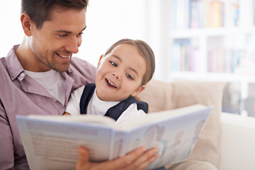 Image showing Father, kid and reading book for fairytale, happy with bonding at home and knowledge for education. Man, young girl and story time for fantasy and learning with love and care together in lounge