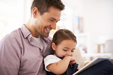 Image showing Father, child with book for reading and storytelling, happy with bonding at home and knowledge for education. Man, young girl and story time for fantasy and learn, love and care together in lounge