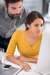 Image showing Laptop, reading and manager with woman in office with research for creative project online. Career, technology and professional man helping female designer work on internet with computer in workplace