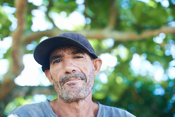 Image showing Portrait, wrinkles and outdoor for senior male person, mature and old in nature. Face, tree or weathered skin from working in Brazil tropical weather, closeup and labour for retired man people