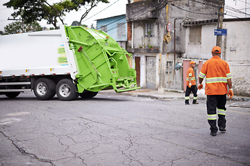 Image showing Teamwork, truck and garbage collection for cleaning and disposal in waste management or trash. Dumpster refuse, cleanup by sanitation workers for rubbish removal and environmental sustainability
