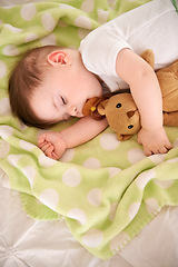 Image showing Baby, sleeping and home with teddy bear, nap and nursery with peace in a bed with blanket. Morning, youth and kid with dream of an infant with child development from rest in a bedroom with a newborn