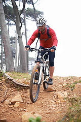 Image showing Man, bicycle and cycling on dirt road for extreme sports, fitness or cardio exercise in nature. Male person, athlete or cyclist riding bike on rocky path, trail or slope for outdoor workout on mockup