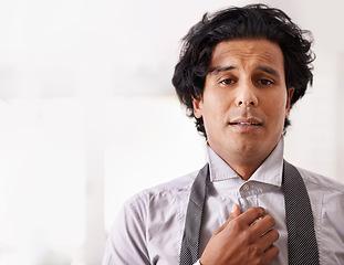 Image showing Portrait, getting ready and Indian businessman in home with mockup space, tie and fatigue. Mental health, exhausted and tired entrepreneur man with morning routine, professional career and face