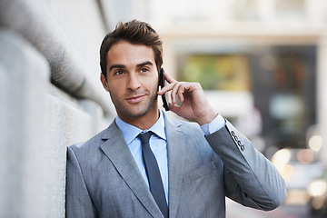 Image showing Businessman, outdoor and phone call in city networking with lawyer, client and virtual communication. Attorney, talking or conversation on smartphone at court or law firm for consultation in London