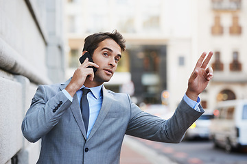 Image showing Phone call, street in city and taxi with businessman hailing ride outdoor for travel, transport or commute. Mobile, communication and networking with young employee calling cab in suit on sidewalk