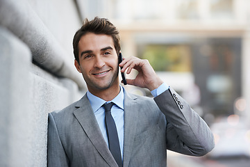 Image showing Lawyer, outdoor and man with phone call in city to client with networking communication and contact. Attorney, smile or businessman in conversation on smartphone at court or law firm for consultation