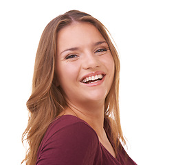 Image showing Portrait, hair care or redhead in studio with happy woman for cosmetics isolated on white background. Model, transformation or proud person in Ireland with smile for treatment or beauty results