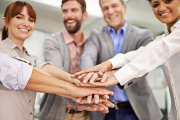 Image showing Teamwork, smile and business people with hands in huddle at office for meeting, motivation or support. Collaboration, goals and target with happy employee group in workplace for celebration of bonus