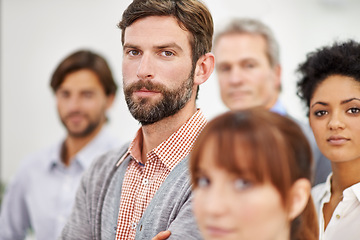 Image showing Businesspeople, portrait and teamwork with confidence for entrepreneur, collaboration or partnership. Men, women and arms crossed at creative agency for startup pride or workspace, together or Canada