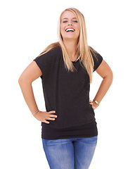 Image showing Portrait, hands on hips and woman with a smile, funny and fashion isolated on white studio background. Person, happiness and mockup space with humor and model with casual outfit and laughing with joy