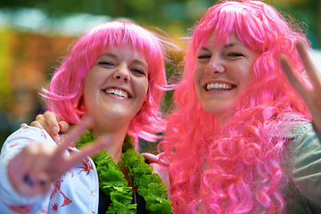 Image showing Portrait, music festival and women in wigs, friends and peace sign with fun and happiness. Face, people and girls with costume and dress up with joy and funny on a weekend break, concert and silly