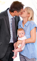 Image showing Love, family and parents kiss with baby, bonding or affection at home on valentines day. Child, toddler or mother with father in romance for connection, care or healthy relationship together in house