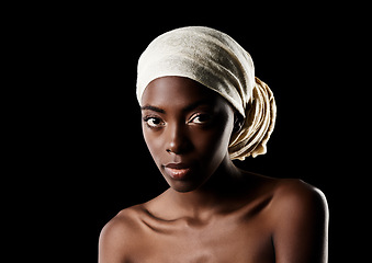 Image showing Beauty, portrait and black woman with head wrap, natural makeup or creative aesthetic in studio mockup. Art, skincare and African girl on dark background with scarf, facial cosmetics and confidence.