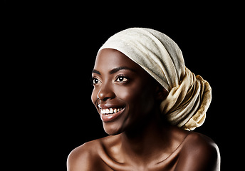 Image showing Beauty, smile and black woman with head scarf, natural makeup or creative aesthetic in mockup space. Art, skincare and happy African girl on dark background with wrap, facial cosmetics and confidence