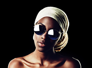 Image showing Black woman, portrait and sunglasses with scarf for fashion or style on a dark studio background. Face of African female person or model with headwear and eyewear for stylish accessories on mockup