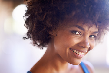 Image showing Woman, portrait and smile in fashion with bokeh, natural beauty and casual outfit in summer. African person, face and happiness with afro hairstyle, wellness or trendy style with lens flare in Africa