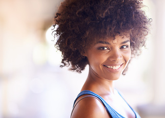 Image showing Woman, portrait and happiness in fashion with bokeh, natural beauty or casual outfit in summer. African person, face or smile with afro hairstyle, wellness or trendy style with mockup space in Africa