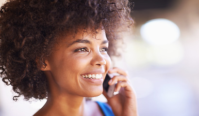 Image showing Woman, phone call and smile for networking outdoors, internet and app for communication in city. Female person, happy and internet for contact, connection and conversation on weekend trip to Brazil