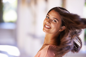 Image showing Portrait, hair or woman in a city for beauty, cosmetics or salon treatment, shine or treatment. Happy, face and female client outdoor with haircare, shampoo or keratin, growth or texture satisfaction