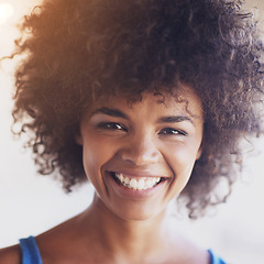 Image showing Woman, portrait and smile in fashion with closeup, natural beauty and casual outfit in summer. African person, face and happiness with afro hairstyle, wellness or trendy style with sunlight in Africa