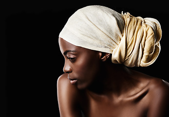 Image showing Beauty, studio and profile of black woman with headscarf, natural makeup or creative aesthetic in mockup. Art, skincare and African girl on dark background with wrap, facial cosmetics and confidence.