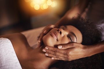 Image showing Black woman, hands on face and massage with masseuse, beauty and bodycare at spa for stress relief and wellness. Treatment, skin and facial with healing for zen, self care and relax at luxury resort