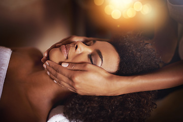 Image showing Black woman, hands and masseuse for face massage, beauty and bodycare at spa for stress relief and wellness. Dermatology, facial treatment and healing for zen, self care and happy at luxury resort