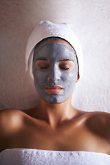 Image showing Woman, top view with face mask and beauty with skincare, charcoal for treatment and dermatology at day spa. Peace, calm and detox for skin, healthy with wellness and cosmetics for facial ad self care