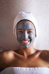 Image showing Happy woman, top view with face mask and beauty in portrait for skincare, charcoal for treatment and dermatology at day spa. Detox for skin, healthy and wellness with cosmetics for facial self care