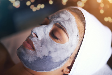 Image showing Woman, closeup with face mask and beauty for skincare, charcoal or clay for treatment and dermatology at day spa. Detox for skin, healthy and wellness with cosmetics, calm and self care with facial