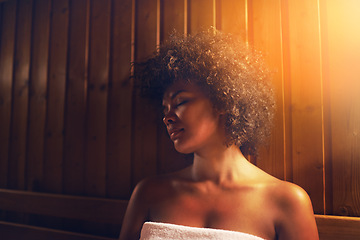 Image showing Black woman, sauna and detox treatment at spa, healing and self care with wellness and zen. Relax, calm and peace on pamper day with heat or warm bodycare, skincare and health with stress relief