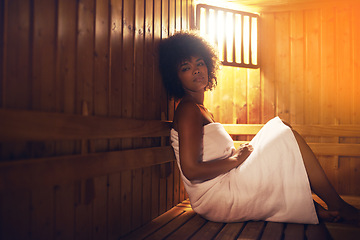 Image showing Black woman, sauna and detox at spa for healing, self care with wellness and zen. Relax, calm and peace on pamper day with heat or warm body treatment, skincare and health with stress relief