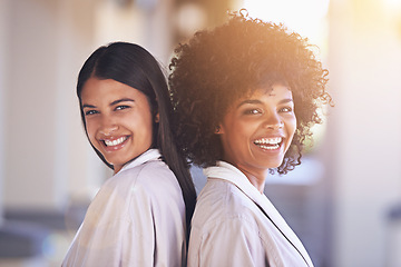 Image showing Women, friends and portrait in portrait outdoor at spa for beauty treatment, body care and wellness together. Smile, relax and friendship date for bonding at luxury resort, happy and pamper day