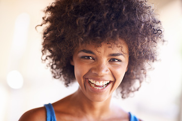 Image showing Woman, portrait and laughing outdoors for joke, comedy and happy or satisfaction on college campus. Female person, university student and smile for funny humor, confident and enjoyment in Brazil