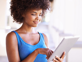 Image showing Woman, tablet and student outdoors for search, smile and browse social media or app for communication. Female person, networking and internet for e learning, education and university website to learn