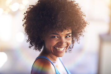 Image showing Woman, portrait and smile in fashion with lens flare, natural beauty and casual outfit in summer. African person, face and happiness with afro hairstyle, wellness or trendy style with bokeh in Africa